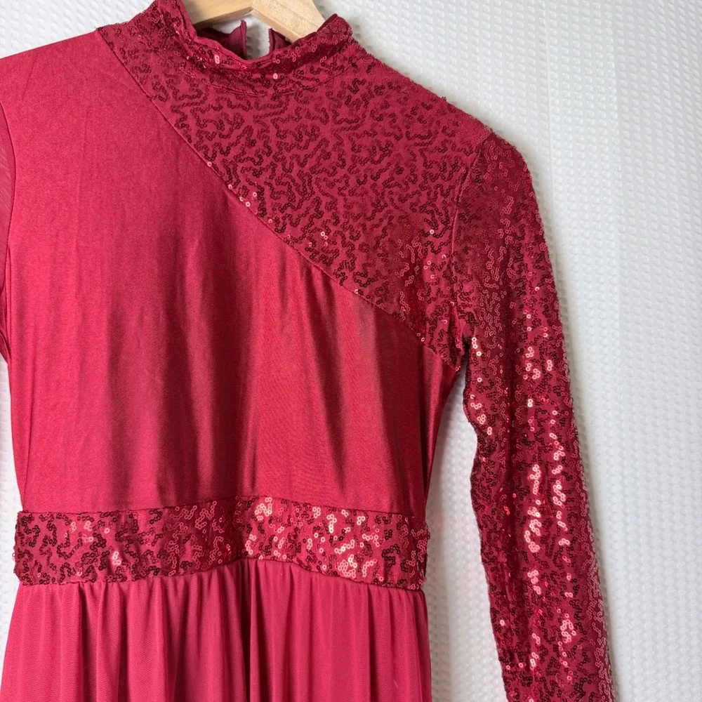 iEFiEL Lyrical Dance Dress Girls Small Red Sequin Asymmetrical Mesh NWT Flowy